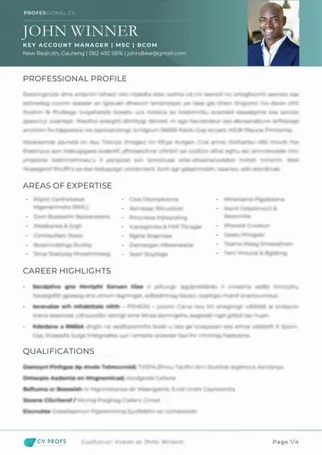 CV Profs executive teal CV format, sample content blurred